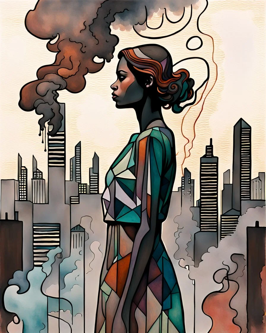 acrylic and watercolor and line tint painting of a sad young woman standing in front of a city entirely made of smoke, bronze - skinned, geometric curves, featured art, philosophical splashes of colors, art brought to life, soul shock