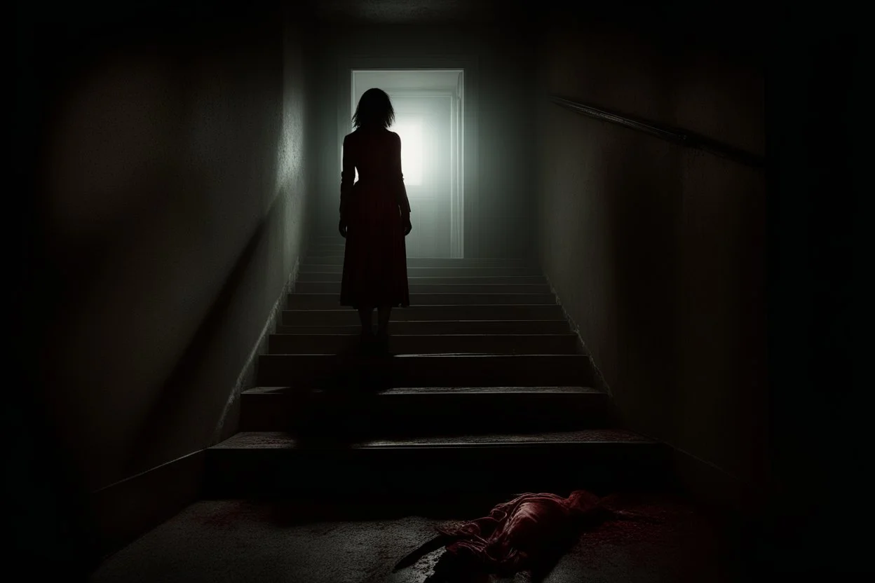 a broken, bloody, torn, beaten woman lies at the bottom of a dirty staircase. At the top of the stairs stands the silhouette of a massive man, behind him a small light leaks through an open door, dramatic, gloomy atmosphere, sad, weird, dark colors, cinematic, realistic picture