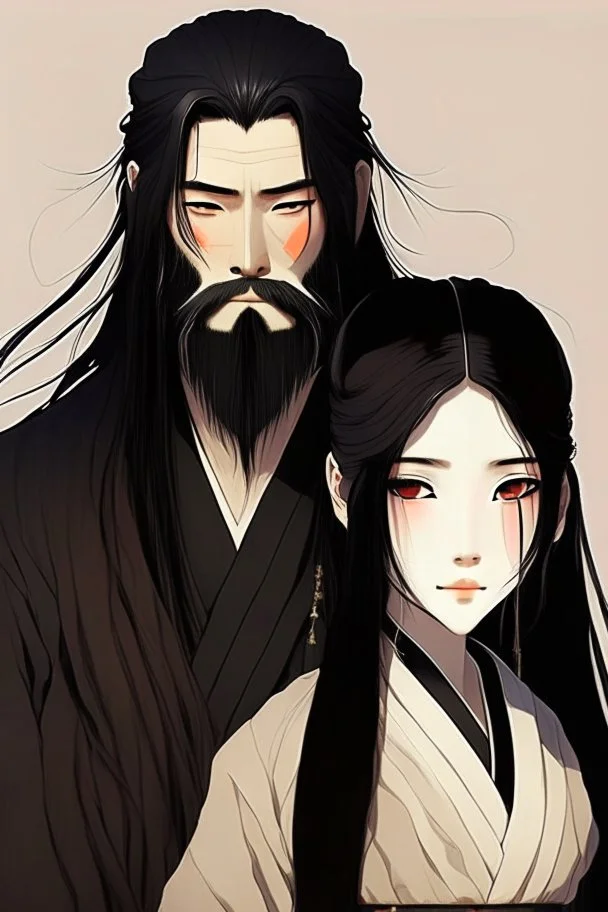 Traditional Japanese anime woman, long black hair, with bearded man