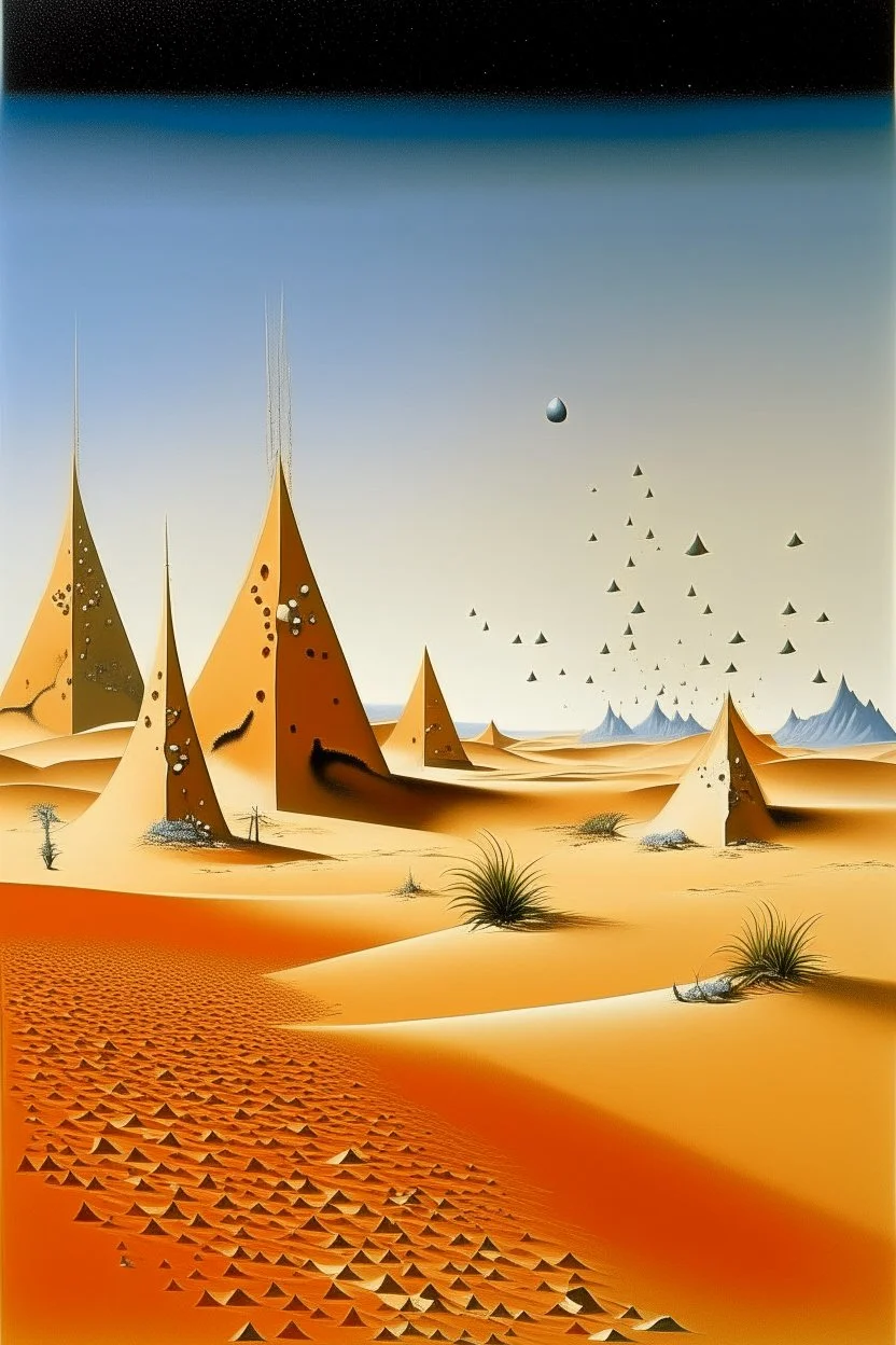 A tan sandy desert with magnetic pyramids painted by Salvador Dali