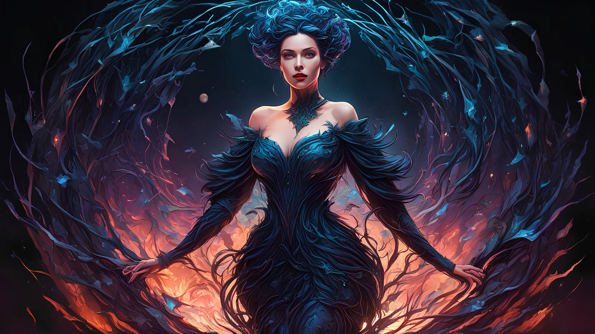 hologram of full body woman, off-shoulder dress, puffy sleeves, shattered reference of mind, abstract, microdisplacement , vines, (biocore:1.1), humanoid, style of Dan Mumford, (charred:1.2), burnt vines, desolate wasteland, GeorgianStyle floating in space, a vibrant digital illustration, dribbble, quantum wavetracing, black background