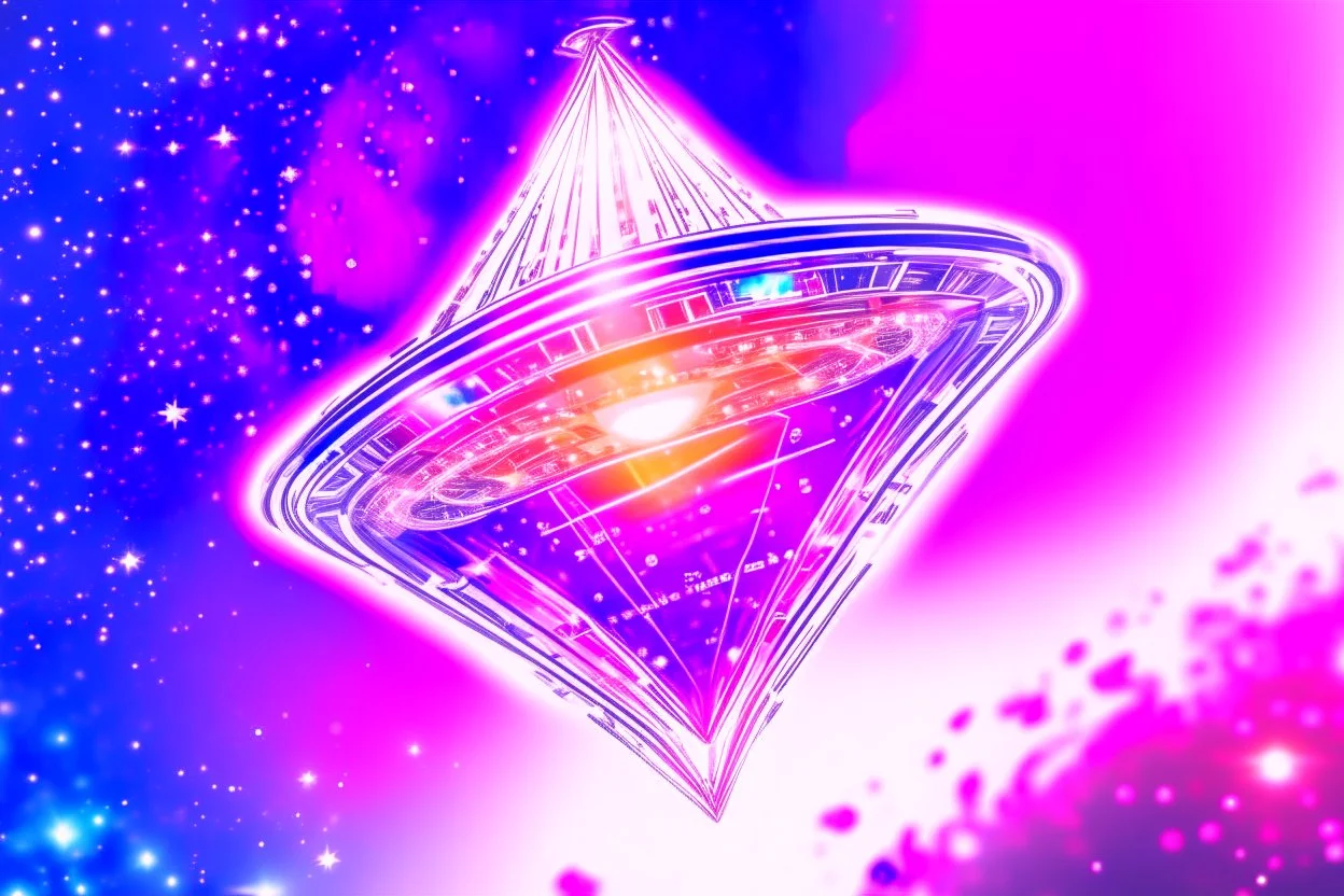 a cosmic beautiful DISH SPACESHIP made of crystals and light is flyng INA MAGIC BRIGHT SKY OF A GALAXY. IT IS PASSED BY A VERTICAL SHINE FROM TOP TO BOTTOM. IT'S FLYNG ON A FAIRY Landscape