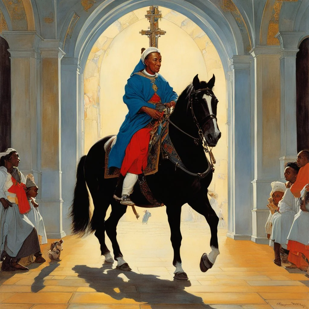 [art by Norman Rockwell] Leaving the chapel, Roupinho would mount his trusted steed, the rhythmic sound of hooves echoing in harmony with the beats of his heart. With the Black Madonna's blessings resonating within him, he would ride forth, his sword held high, ready to face whatever challenges lay ahead. As he rose from his knees, Roupinho would press a kiss to the hilt of his sword, his lips brushing against the cold steel. It was a gesture of reverence, a reminder of the duty he carried upon