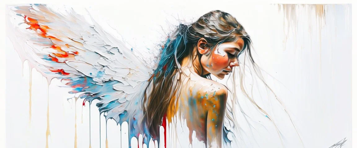 A detailed illustration of a beautiful young female human with growing out of her back. Her skin, hair and face are all made of paint. Her wings are spread. Highly detailed flawless facial features and eyes. Abstract Oil painting splash art. White background, wide angle, abstract design, beautiful, thick flowing paint strokes, dripping paint, fantasy art, modern art, ((soft happy complimentary colors,)) modern aesthetic, focused on the character, 4K resolution.