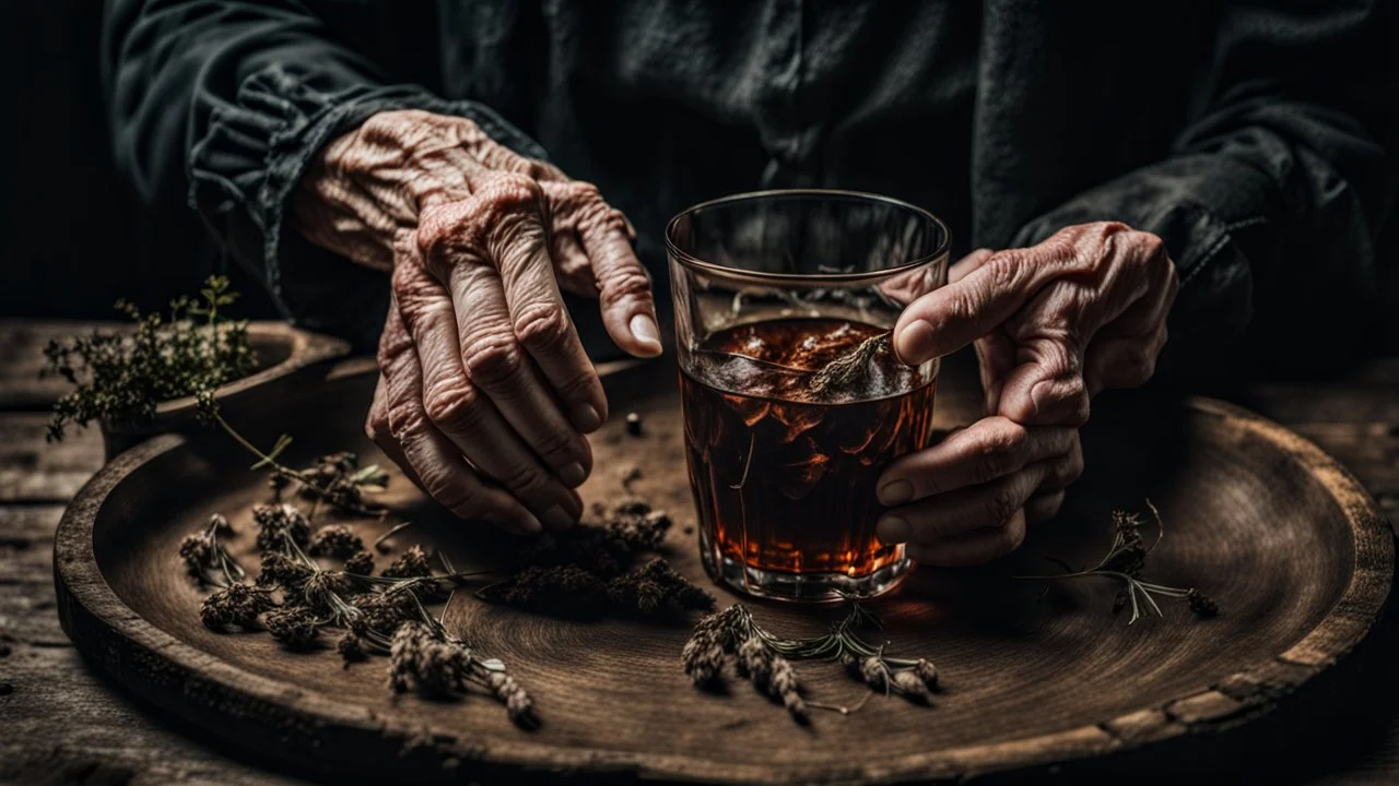 close up photo from an old woman's wrinkled hands holds one brown herb water in vintage water glass with , thriller, sinister , old witch interior, dark mood, perfect photo