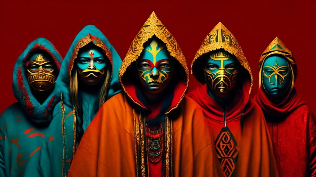 Five people with an average age of 30-40, wearing red and gold hooded cloaks with intricate designs, tribal markings face paint and a third eye symbol on their foreheads, standing in front of a teal background