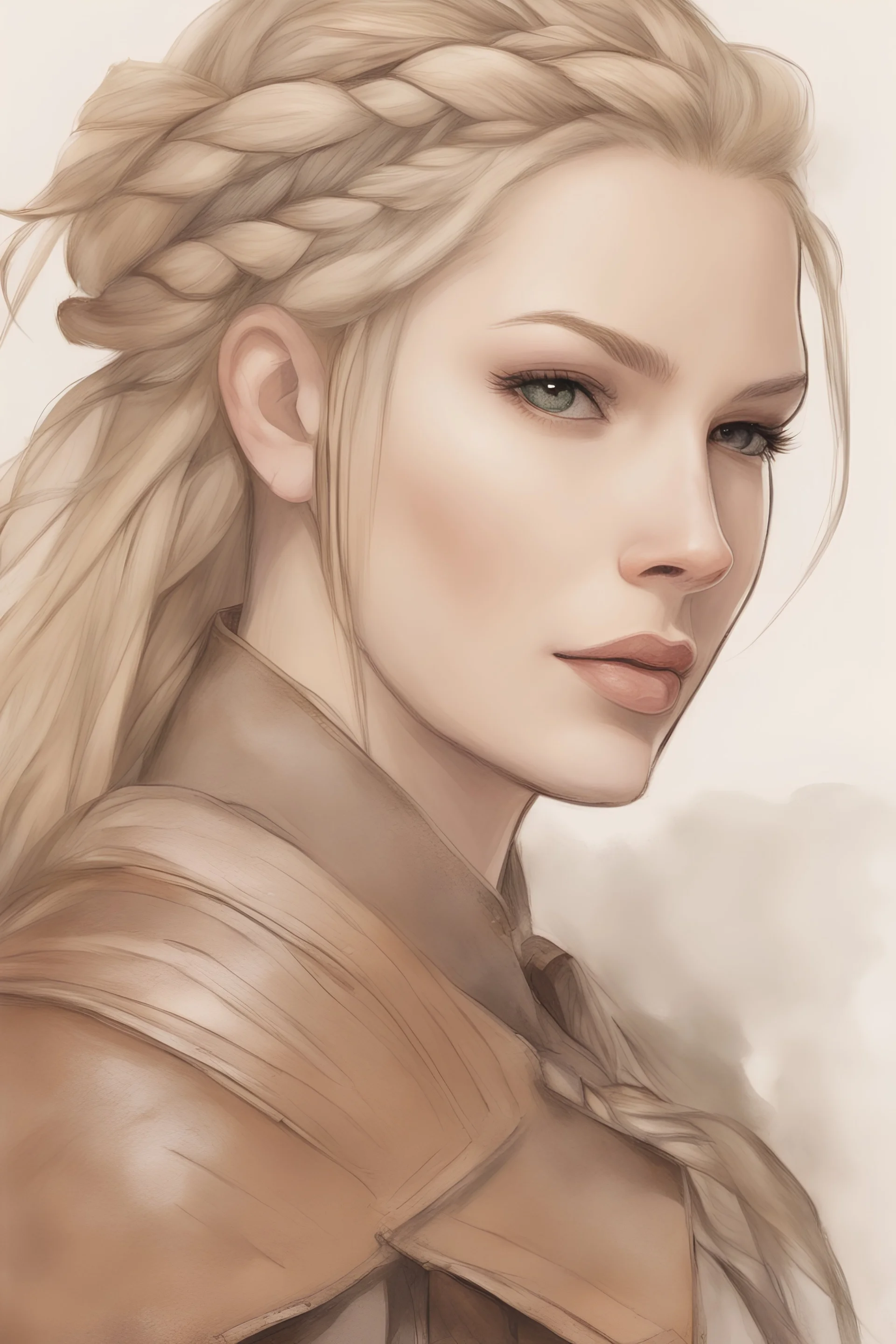 A drawing of beautiful woman with blond hair, viking braids, undercut. Brown leather armor.