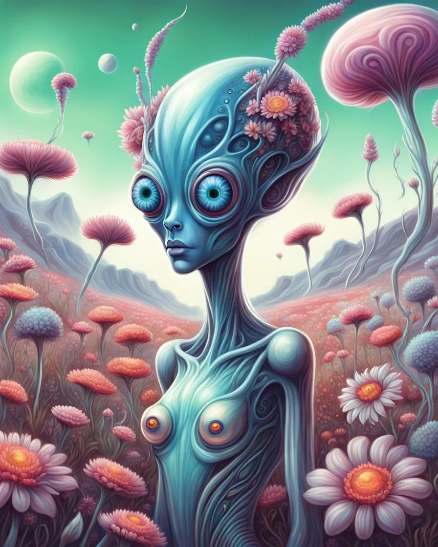 an ethereal alien creature with three eyes, with several extra limbs and slender composition, is i transitioning wild landscape full of flowers , highly polished, chrome airbrush style, dreamlike composition, color penciling color palette, surrealistic retro-futurism, fantasy, vintage scifi, psychedelic aesthetic, Camilla d'errica, pop surrealism, highly detailed, arthur lismet, artstation, 1960s psychedelic drawing, smooth