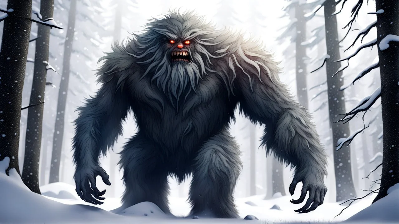 large humanoid hairy monster in the snowy forest