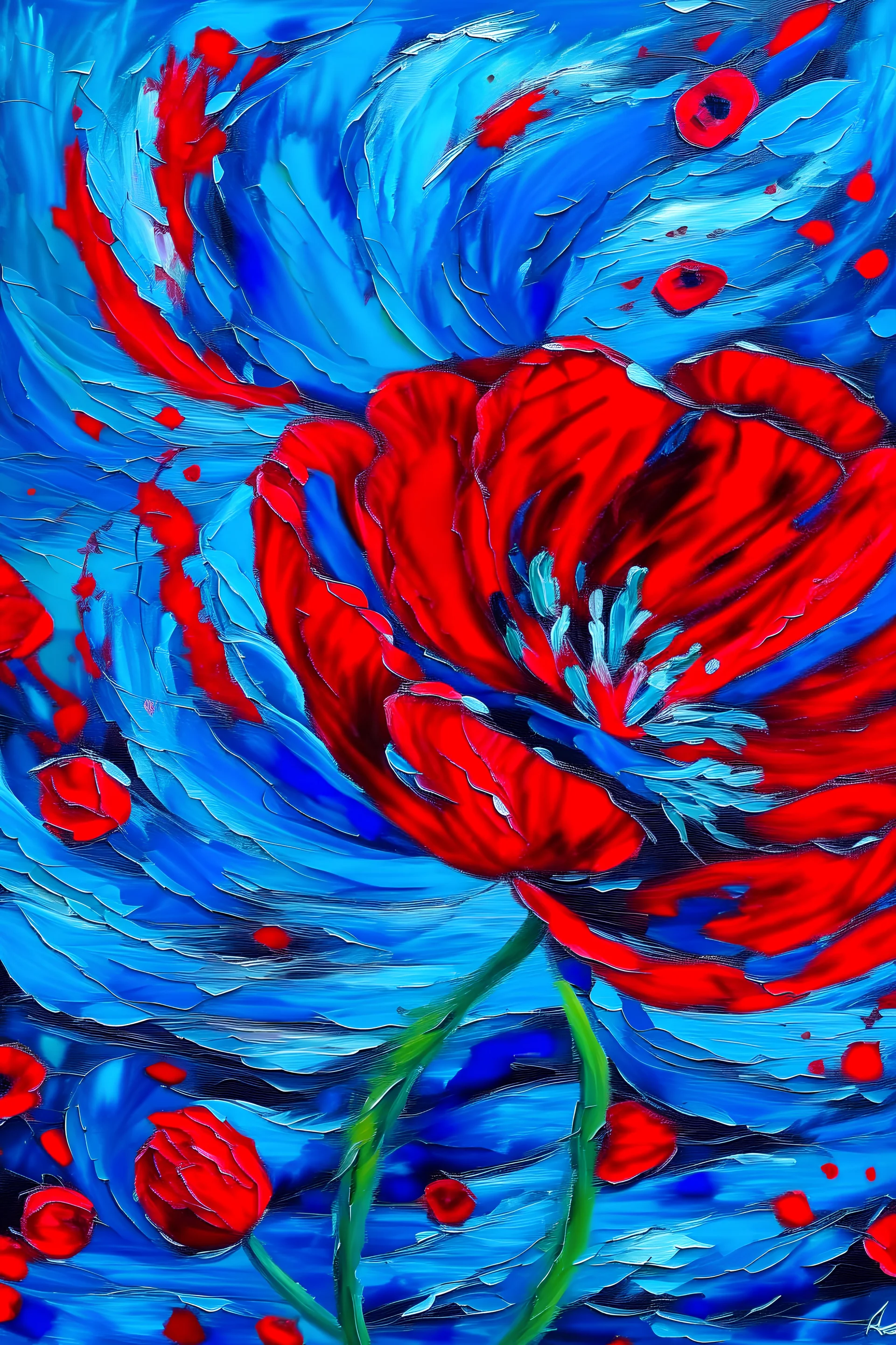 red and blue flower acrylic painting inspire by vincent van gogh