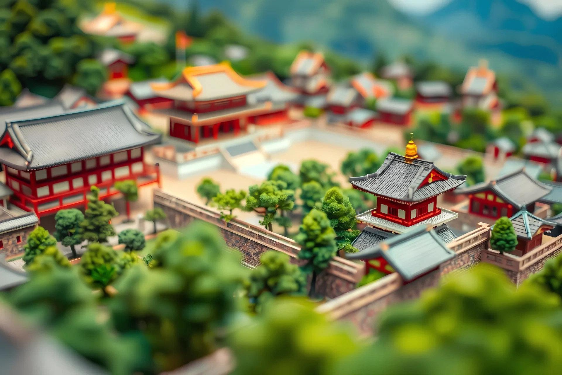 Diorama style birds-eye toy-like tilt shift image of 1700s Japanese city with temple and walls and lots of trees