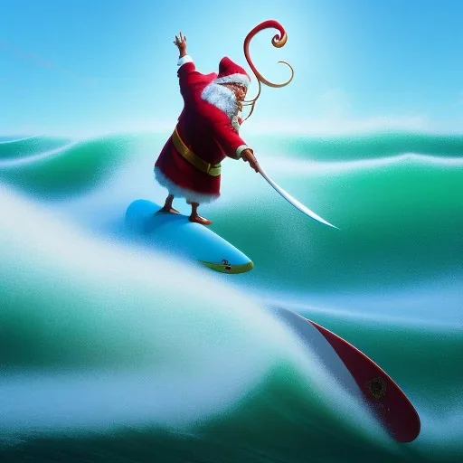 Santa standing of surfboard surfing a big wave, surfboard, beach, character design by cory loftis, fenghua zhong, ryohei hase, ismail inceoglu and ruan jia. unreal engine 5, artistic lighting, highly detailed, photorealistic, fantasy