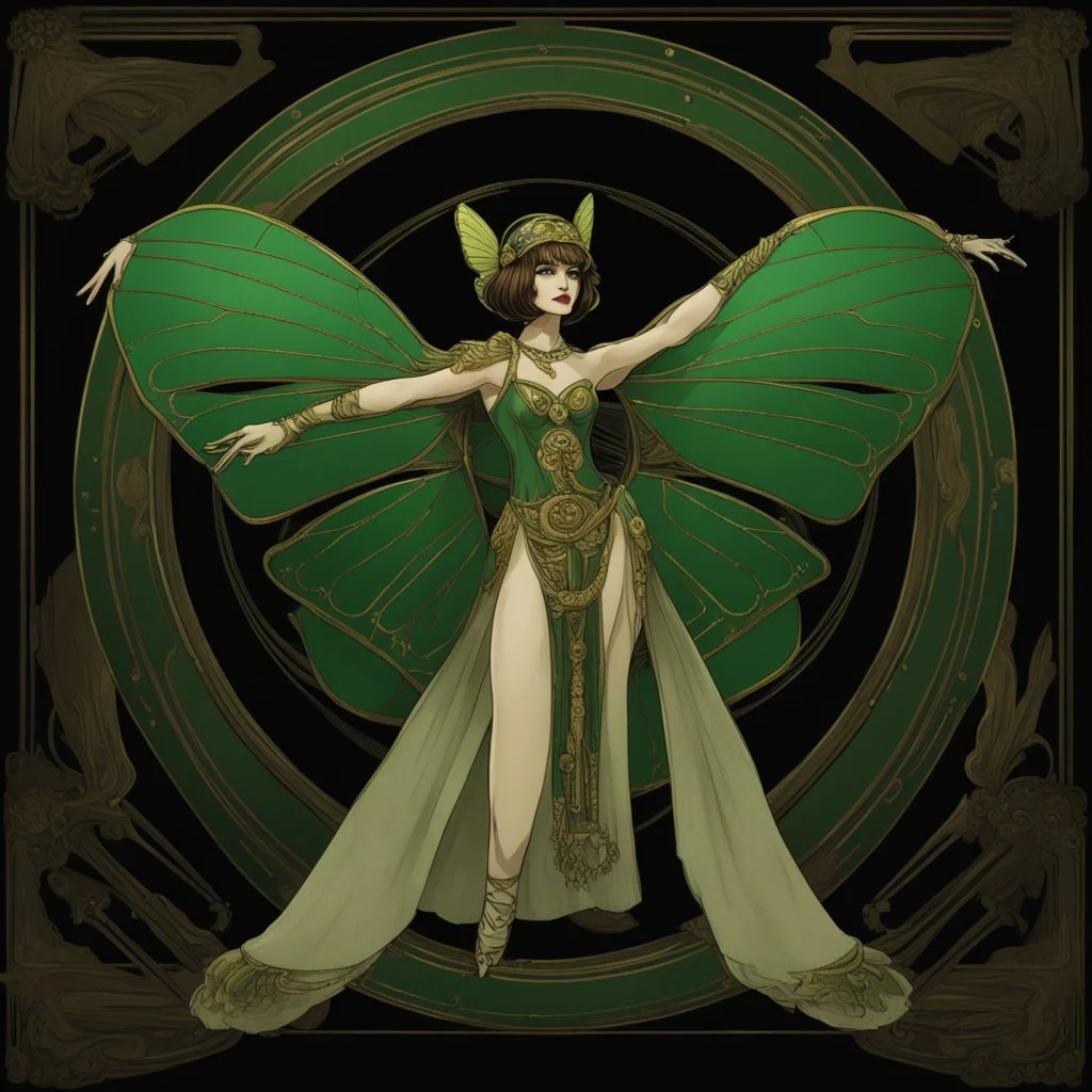 Full body, art nouveau woman with a bob with a fringe hairstyle, Cleopatra clothing, steampunk metal butterfly wings, green markings, black background