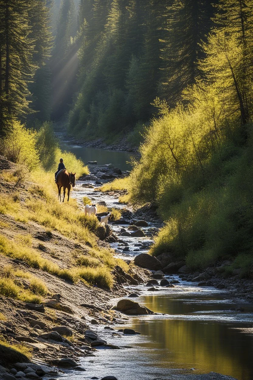 This is amazing! I love how the light glints off everything, giving stark contrast to the shadows. There must be some deer or elk up ahead since the horse has his ears perked forward and with an intent gaze of interest. The young lady looks like she is enjoying herself alone with her friend while plodding downstream through the lazy creek. Thank you for sharing. Beautiful artwork!