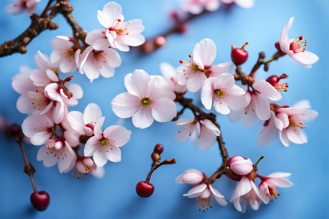 fantastic light pin blue background with four bunches of cherry blossoms