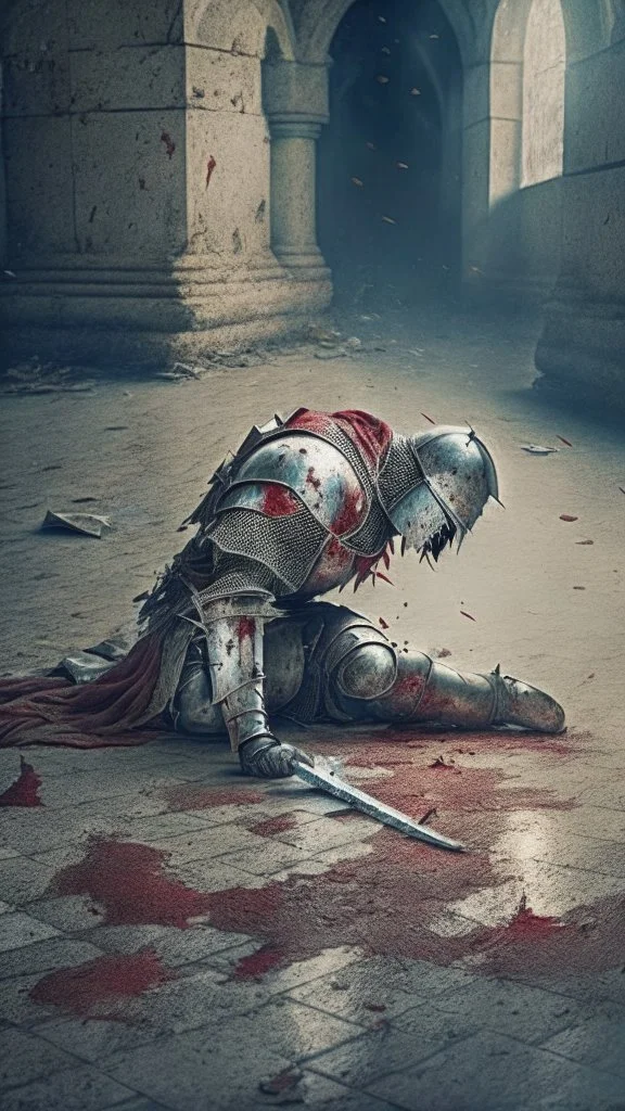 knight bleeding on the floor, battlefield background