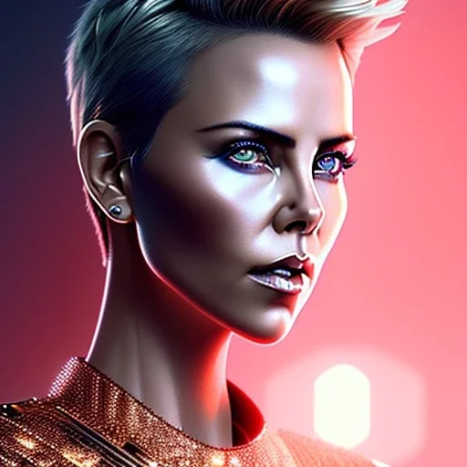 Charlize Theron, Cyborg anime samurai, cyberpunk, white skin, light blonde short hair, pixie hair, cobalt eyes, waist up portrait, 8k resolution, retroanime, intricate details, neon details, soft lighting, vibrant colors, masterpiece, intricate eyeliner, dark eyeshadow, eyes, intricate tattoos, gradient background