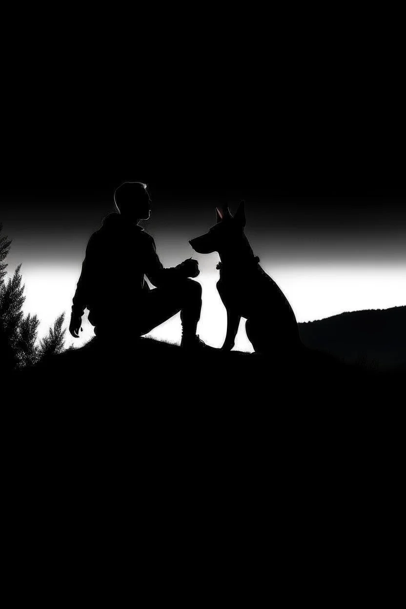 Black background on a mountaintop. A silhouette of a fit man and a silhouette of a fit woman sitting close to each other. A silhouette of a Belgian malinois somewhere close to them.