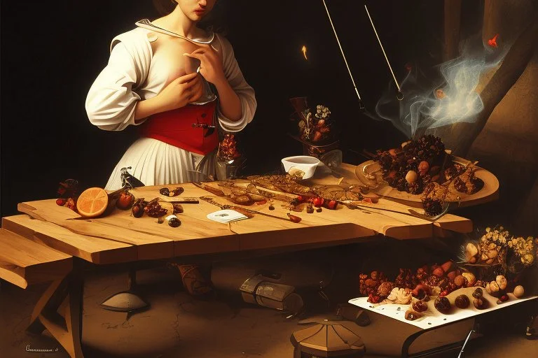 rapper smoking on picnic table by Caravaggio