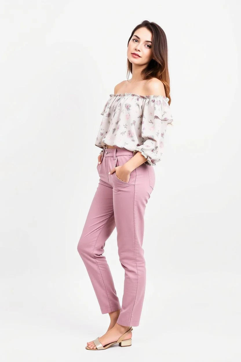 simple background a beautiful young lady wearing pretty pants and blouse standing pose