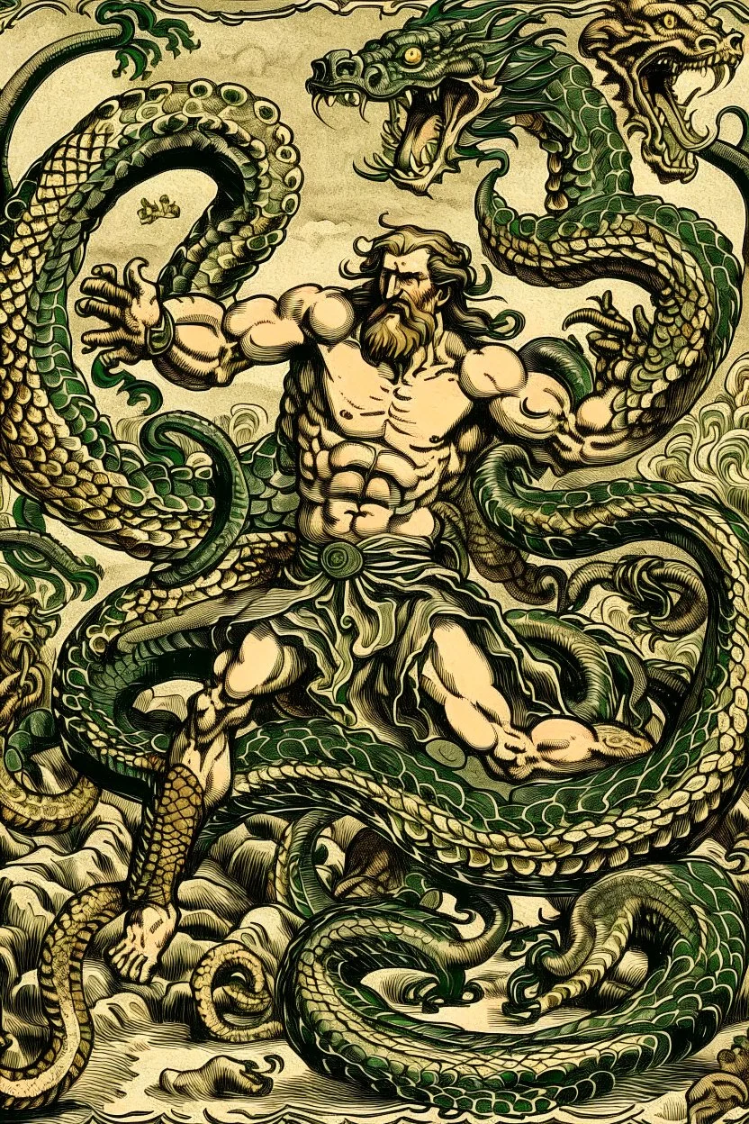 Hercules fighting the hydra in the style of alchemical art