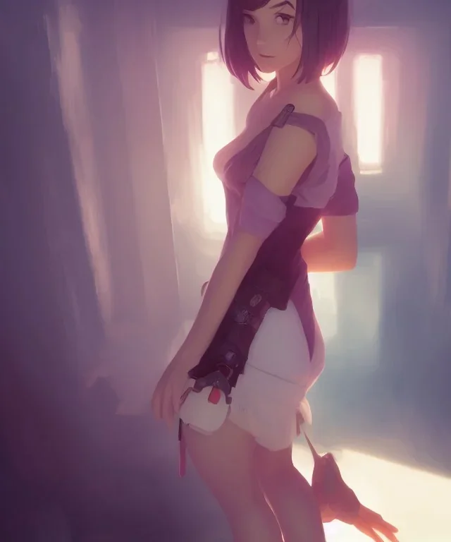 Insane pretty young woman short dressed. by wlop, ilya kuvshinov, krenz cushart, greg rutkowski, pixiv, sarah j. maas book cover style magician at the end of a corridor, smooth, sharp focus, d & d style, artstation, 4 k, hdr. Full body