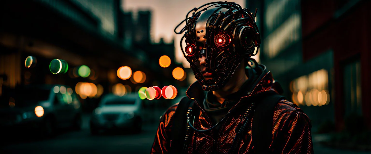 Wide cinematic photo of a candid Japanese Solarpunk hacker cyborg in Alberta, shot using an anamorphic lens. The figure, with cybernetic enhancements,