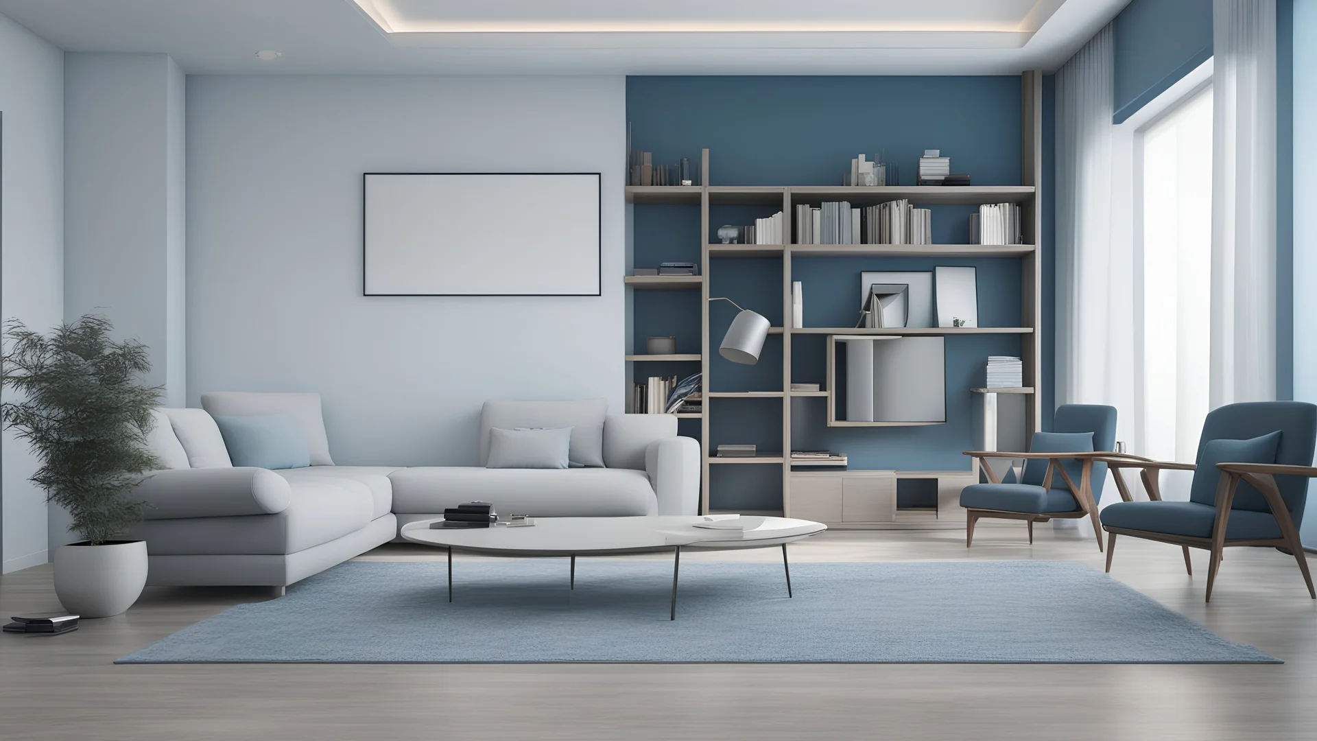 empty living room with blue tones wall
