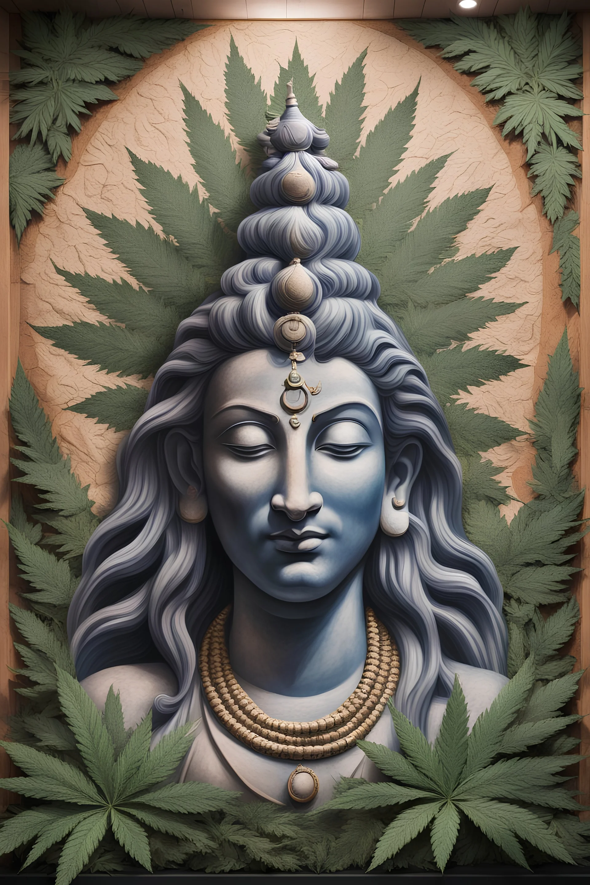 A religious icon mural of the Hindu god Shiva made out of different types of marijuana in photorealistic detail.