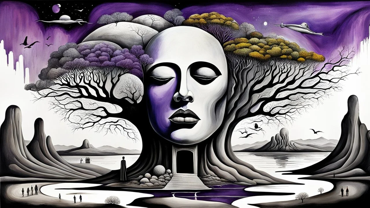 painted and drawing inner world with uncontrolled mind and soul, in midle a big head statue on floating island over surreal cracked painted weird land with some black doors. very dark purple, gray, black, white, brown. Whimsical style of Chagall , of Minjae Lee and René Magritte, lonely face with absurd beauty. broken, weird absurd nightmare, labirynth, dark vision, in background big neuron network and stars , surreal vibe