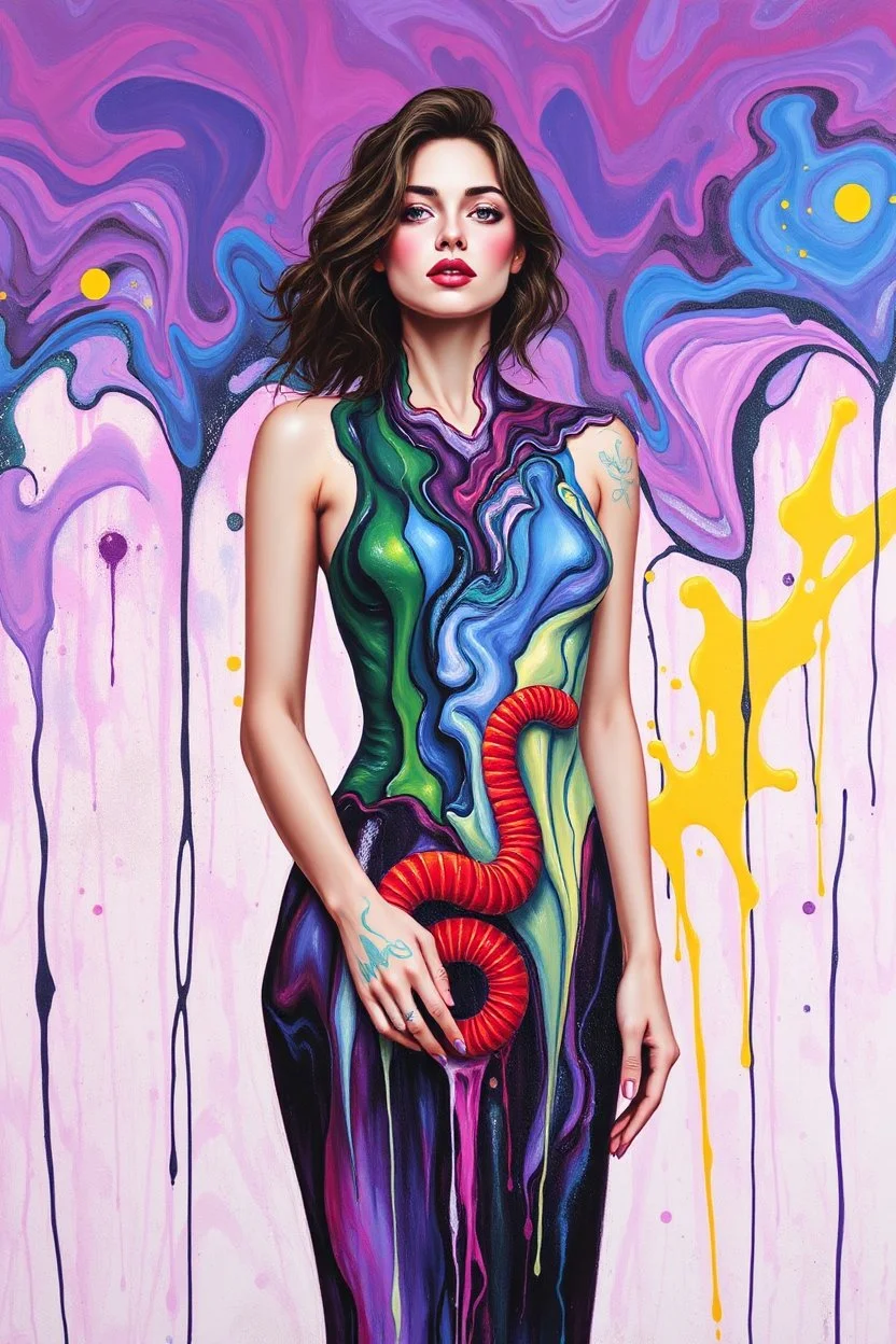 A women painted with Liquid abstract painting, worm colors Stand,