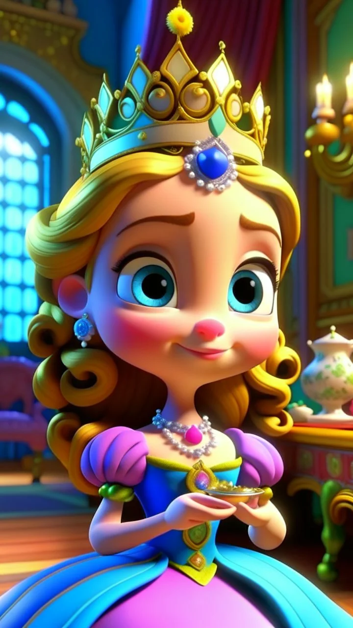 "Come one, come all," Princess Penelope cried, To the royal abode, where joy would reside. In her hand, a secret, a gift pure and sweet, Tea cups of wonder, a surprise hard to beat.cartoon,3D