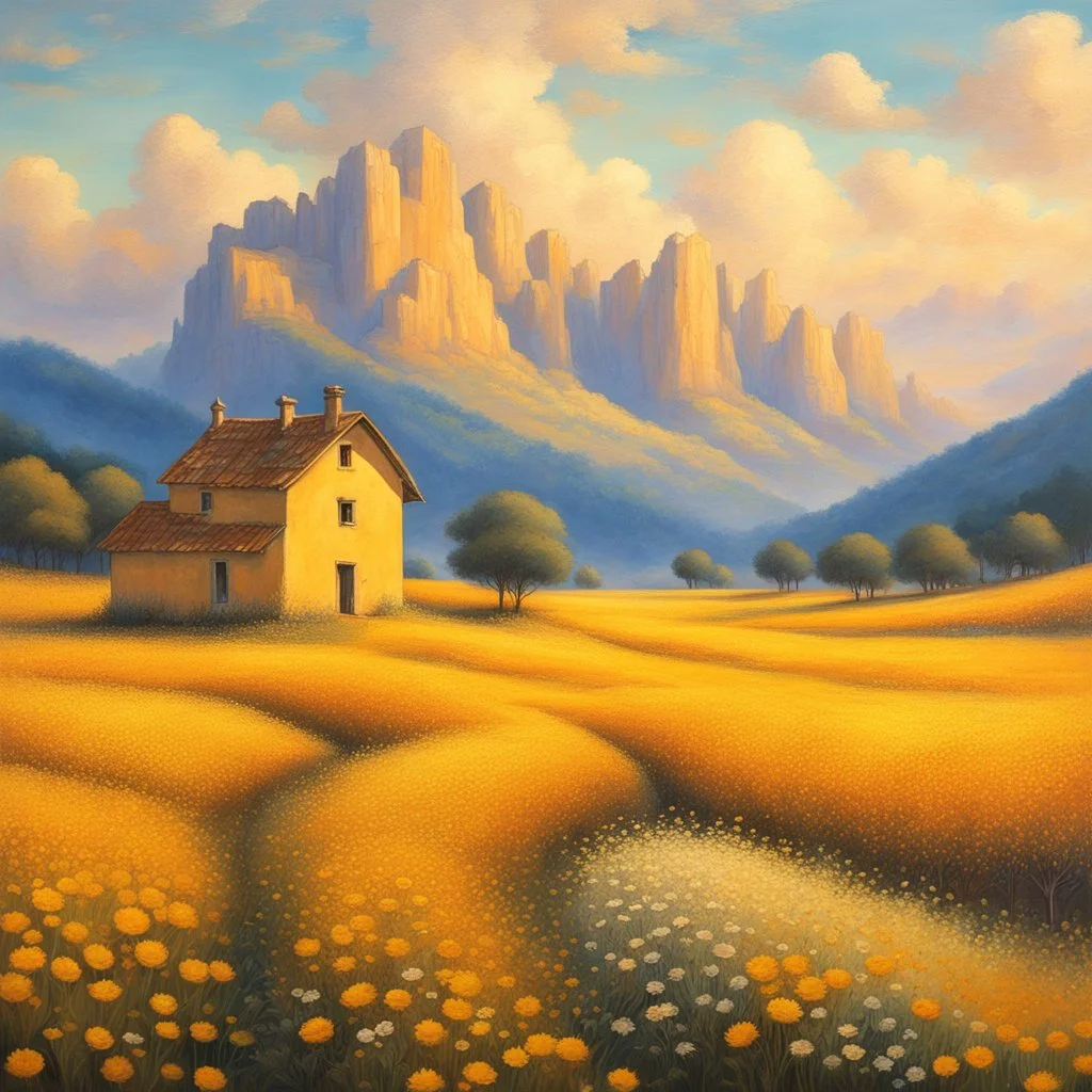 painting of a house in a field of flowers, inspired by Guido Borelli da Caluso, yellow hue, dotart, dragan bibin, fantasy italy, golden colour, jingna zhang, golden hour, perfect Wide long shot visual by @challenge2pt masterpiece.