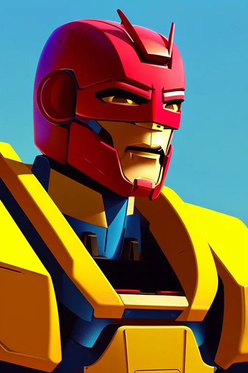 Fotoretrato de un transformer de 1980, debe ser algo decadente. Vibrante en colores, solo su cara es un retrato. Rounded autobot, optimus prime. Animé. Wasted drunk. Yellow, fun.