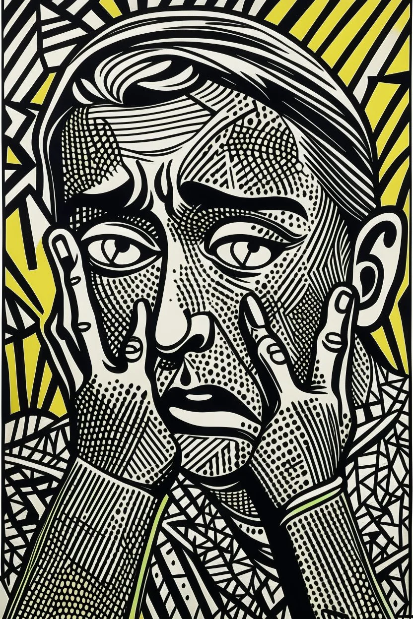 tribal man in grief with hands on face pencil draw style of roy lichtenstein