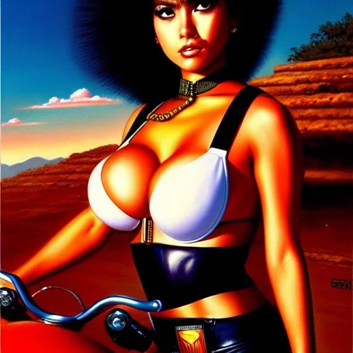 portrait of busty beautiful 'Female Rider on Shotaro Kaneda's Bike',painting by Earl Norem, simon Bisley, evan lee, 86-86, oil on canvas, cinematic composition, extreme detail,fit full head inside picture,8k