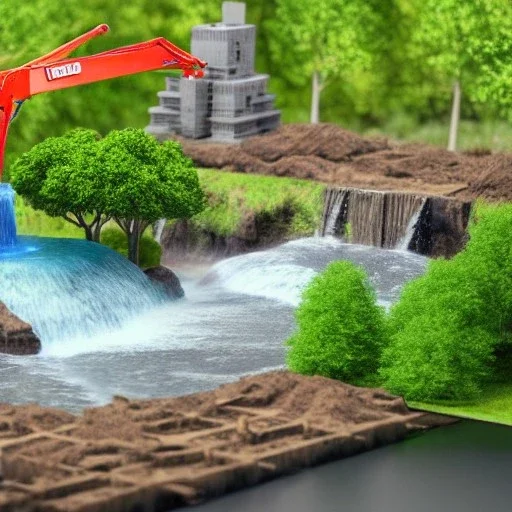 3D miniature model with construction site, a crane and some trees and a waterfall. High definition rendering.