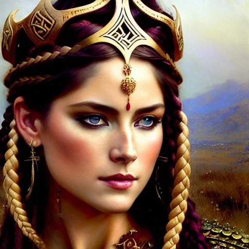 portrait beautiful face viking queen,braids,busty,horned helmet,ancient leather armor, balanciaga fashion clothe painting by gaston bussiere, greg rutkowski, yoji shinkawa, yoshitaka amano, tsutomu nihei, donato giancola, tim hildebrandt, oil on canvas, cinematic composition, extreme detail,fit full head inside picture,16k