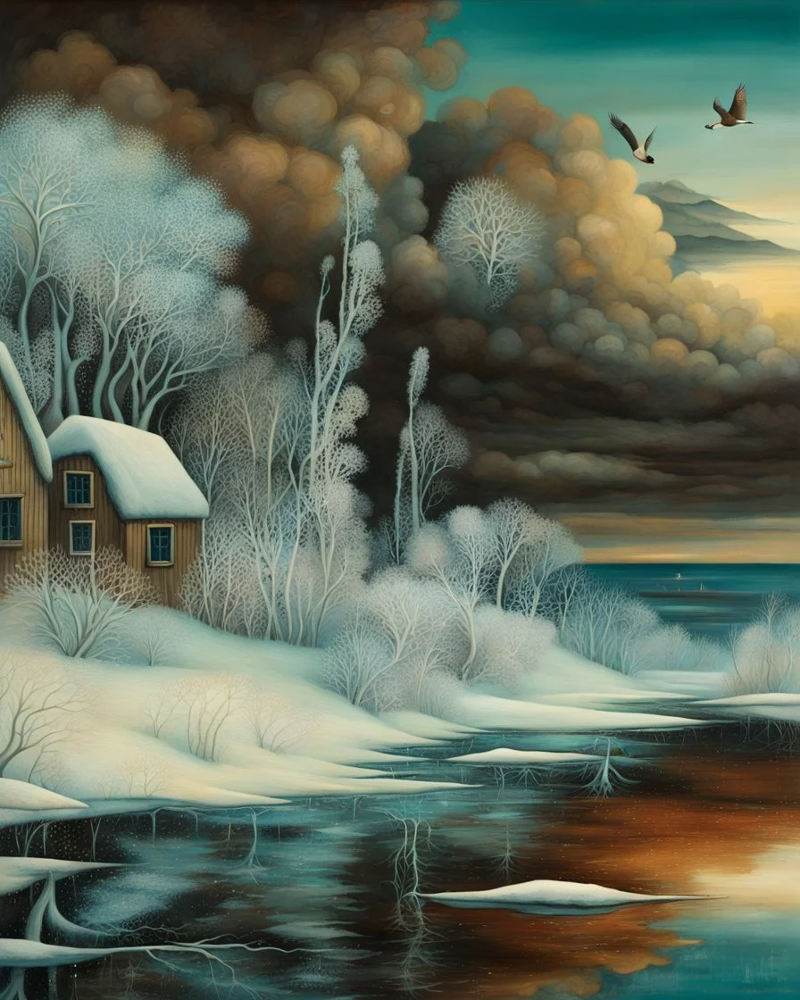 Richly textured Hieronymus Bosch, Catrin Welz-Stein, William Turner, Zdzisław Beksiński, Jacek Yerka oil on canvas zentangle line art style mix, surreal frosted fantasyland winter oceanscape, hoarfrost on trees, high grasses, snow and cottages, withered flowers, pale sunrise; paint splatter, beautiful vibrant colors, reflections, SK, flying seagulls, dramatic clouds, snowfall.