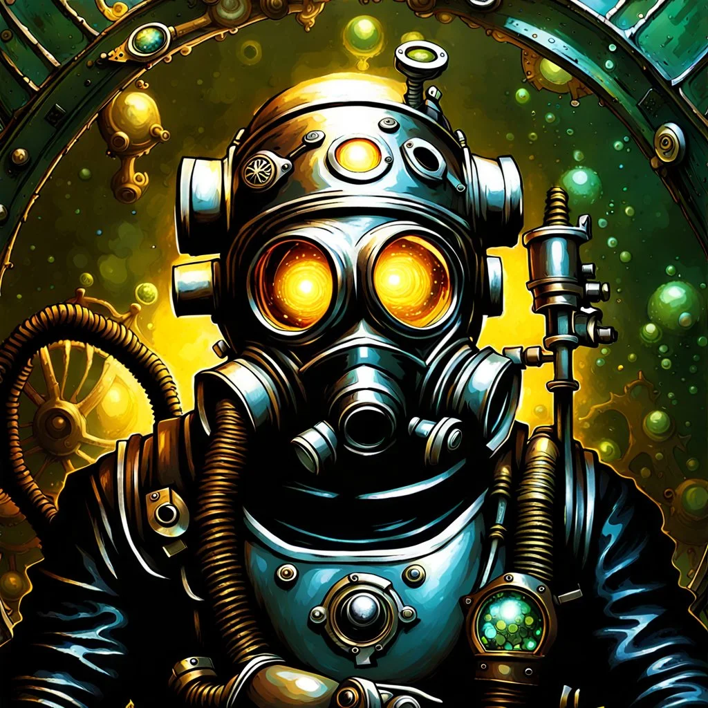 90's tcg art silver steampunk male diver with glowing helmet underwater