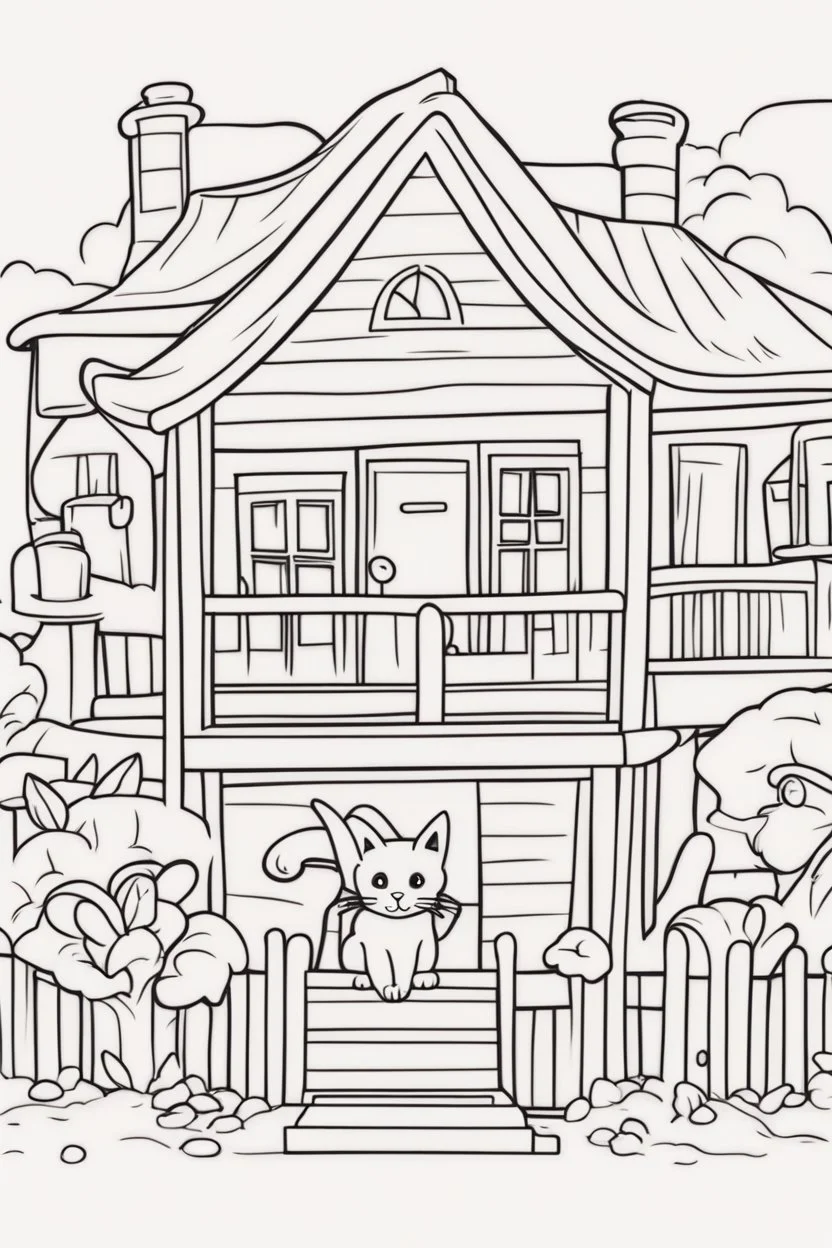 coloring page for kids, Cats in the house, cartoon style, thick lines, low detail, no shading