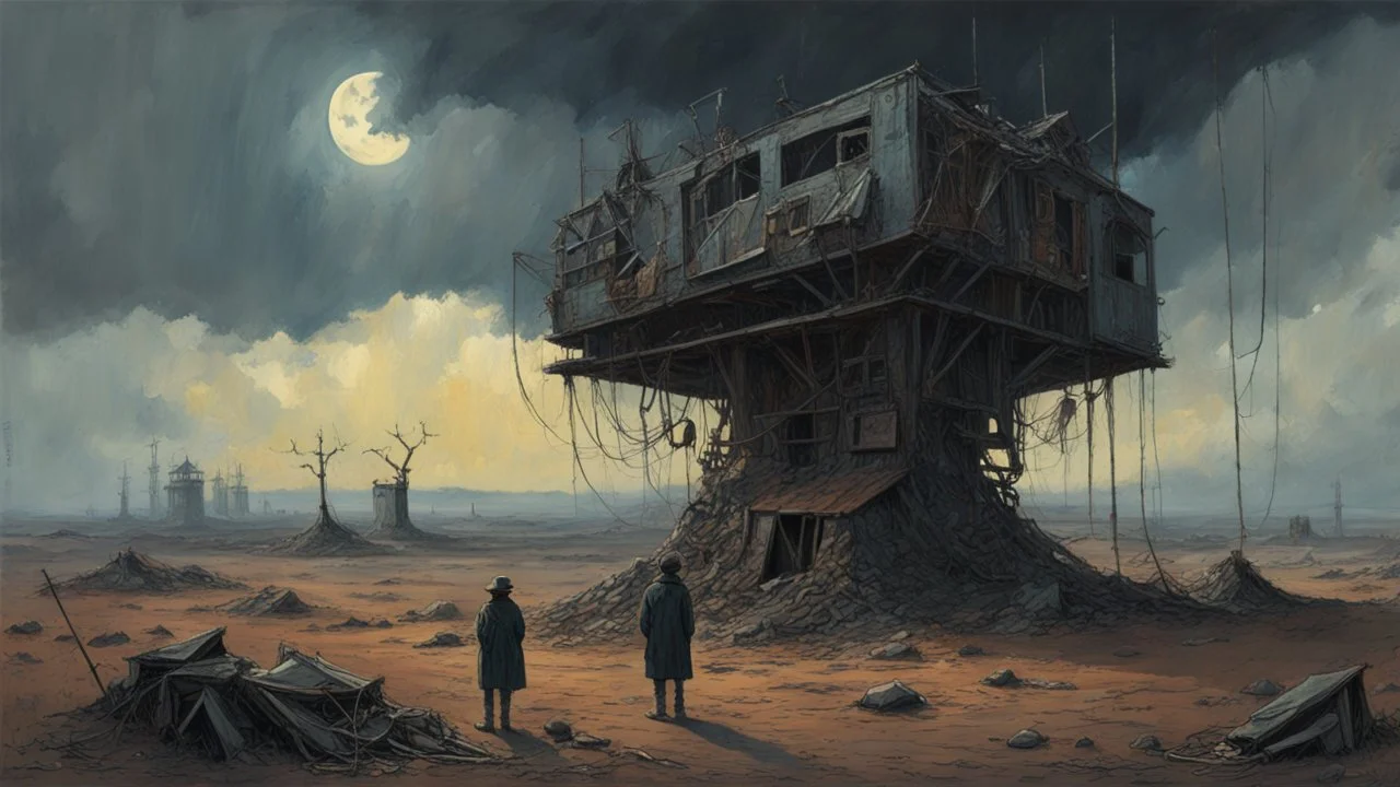 Eclipsed Dread, Macabre Enigmas, a Strange surreal world, techno western gothic, post apocalyptic art, neo cyberpunk renaissance, Science fiction painting, Denis Sarazhin Simon Stålenhag, Nicolas Bruno, sinister vibes, harsh survivalism, Peter Sallesen, Hamish Frater, ominous sky