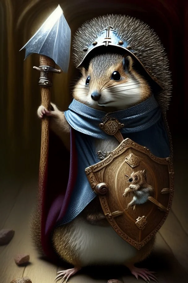 squirrel hedgehog mix being a cleric of death hood with hammer and shield