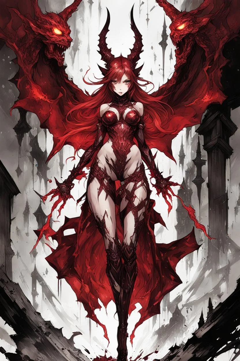 Demon girl wizard in front, fullbody, behind Diamond elemental rising from the ground, illustration by <Yoji Shinkawa>, darkred tones,