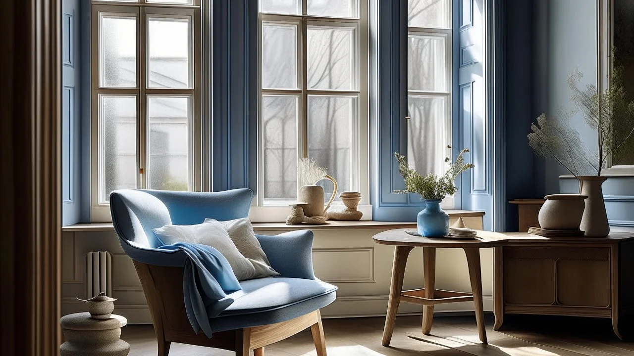 A corner of tranquility: In a busy world, this space offers a haven of peace. Soft light filters through the windows, illuminating the cozy blue armchair and wooden table that invite you to relax.