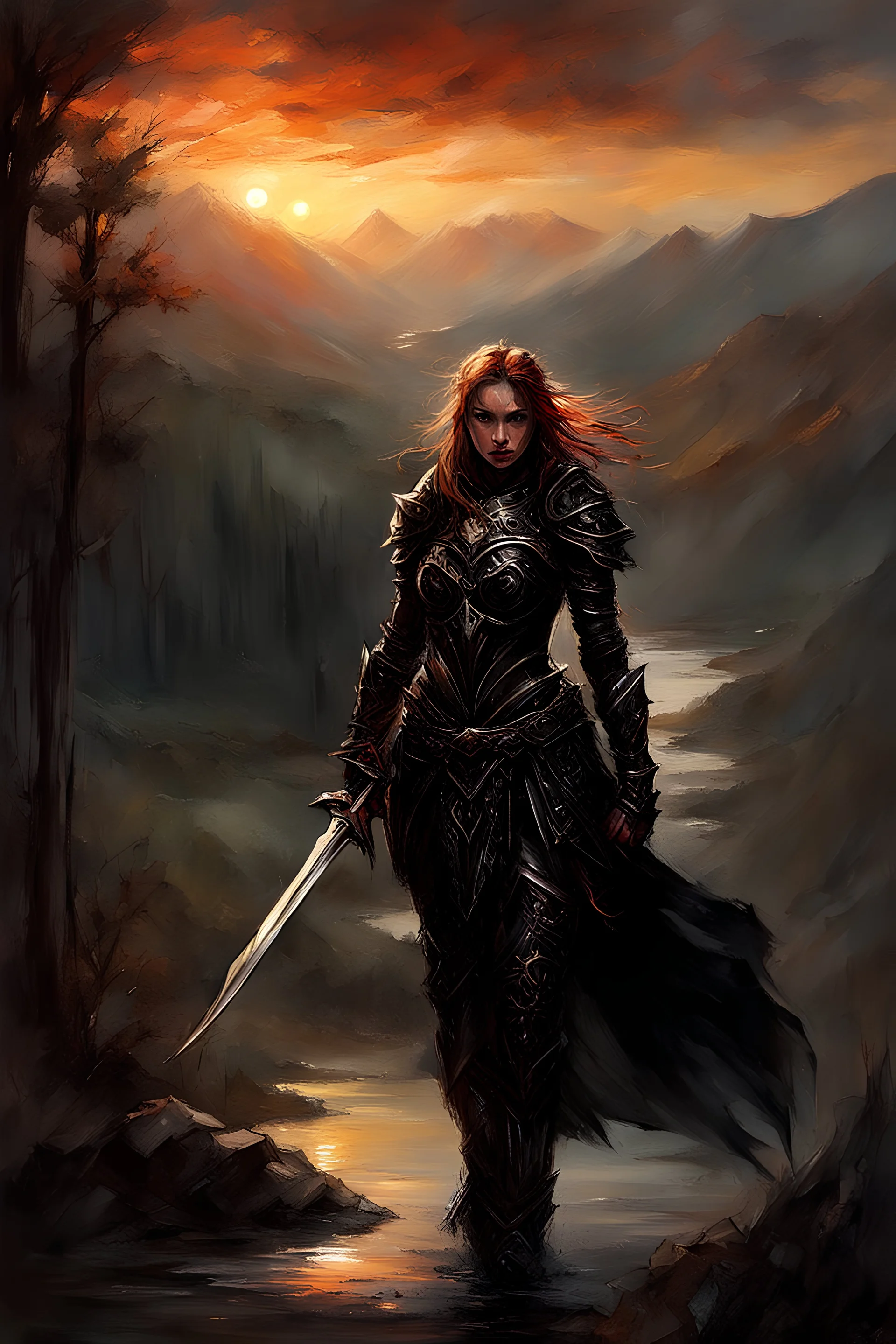 A formidable warrior girl in black armor, on the background Amazing gloomy landscape, flooded with sunset, mountains, trees, fabulous scary hero, , juicy emotions, painting, dark fantasy, gloomy day, dark world, portrait, by James Paick & Anna Razumovskaya