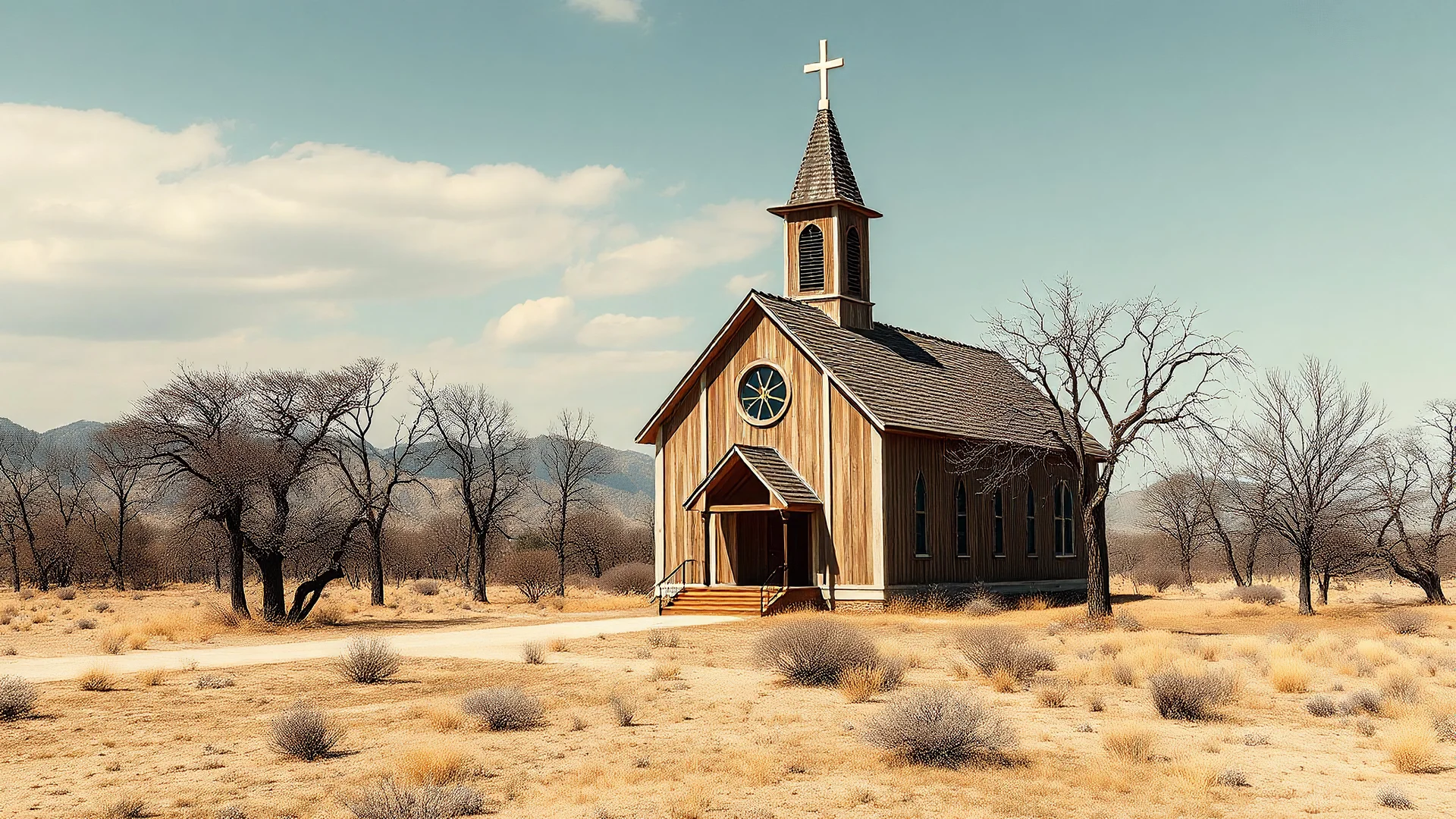 large church in 1960's middle of nowhere, day, 8k, high quality, trending art, trending on artstation, sharp focus, studio photo, intricate details, highly detailed, by tim burton