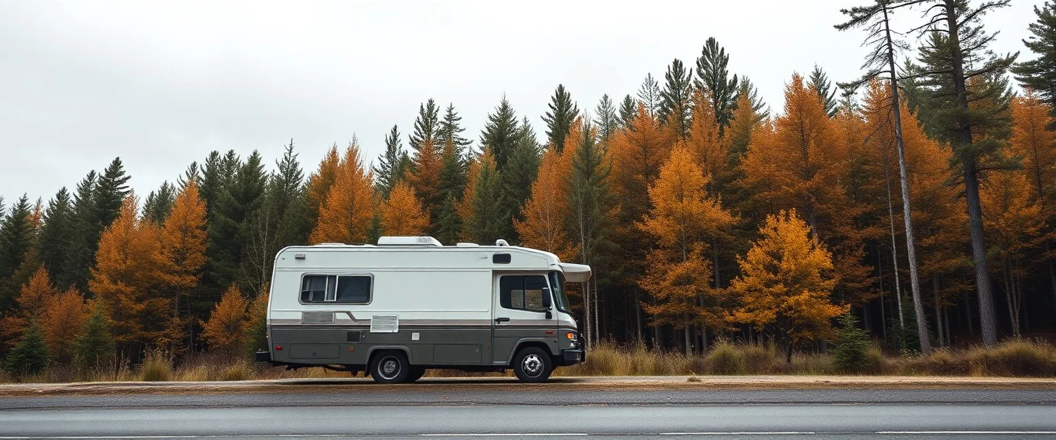 A camping bus at the side of a road, facing towards a cozy forest scenery using this color scheme: base00: "2f383e" # bg0, palette1 dark (medium) base01: "374247" # bg1, palette1 dark (medium) base02: "4a555b" # bg3, palette1 dark (medium) base03: "859289" # grey1, palette2 dark base04: "9da9a0" # grey2, palette2 dark base05: "d3c6aa" # fg, palette2 dark base06: "e4e1cd" # bg3, palette1 light (medium) base07: "fdf6e3" # bg0, palette1 light (medium) base08: "7fbbb3" # blue, palette2 dark base09: