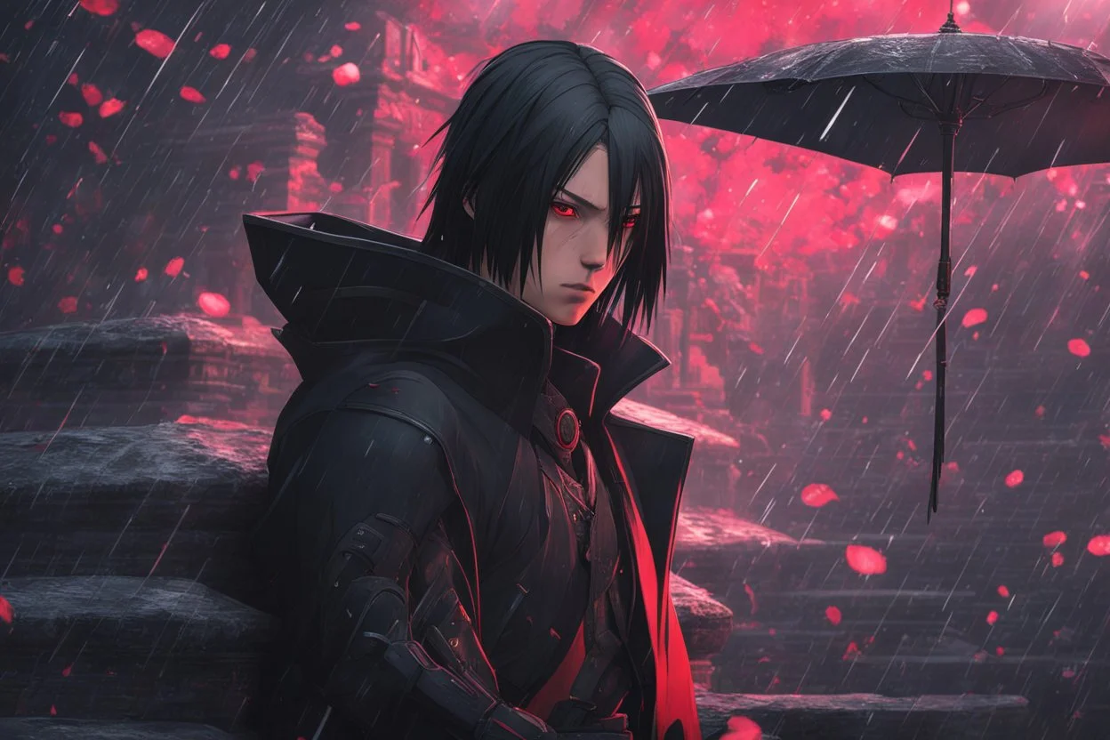 Itachi Uchiha in 8k nier automata artstyle, Uchiha Custom, neon effect, close picture, rain, fantasy world, intricate details, highly detailed, high details, detailed portrait, masterpiece,ultra detailed, ultra quality