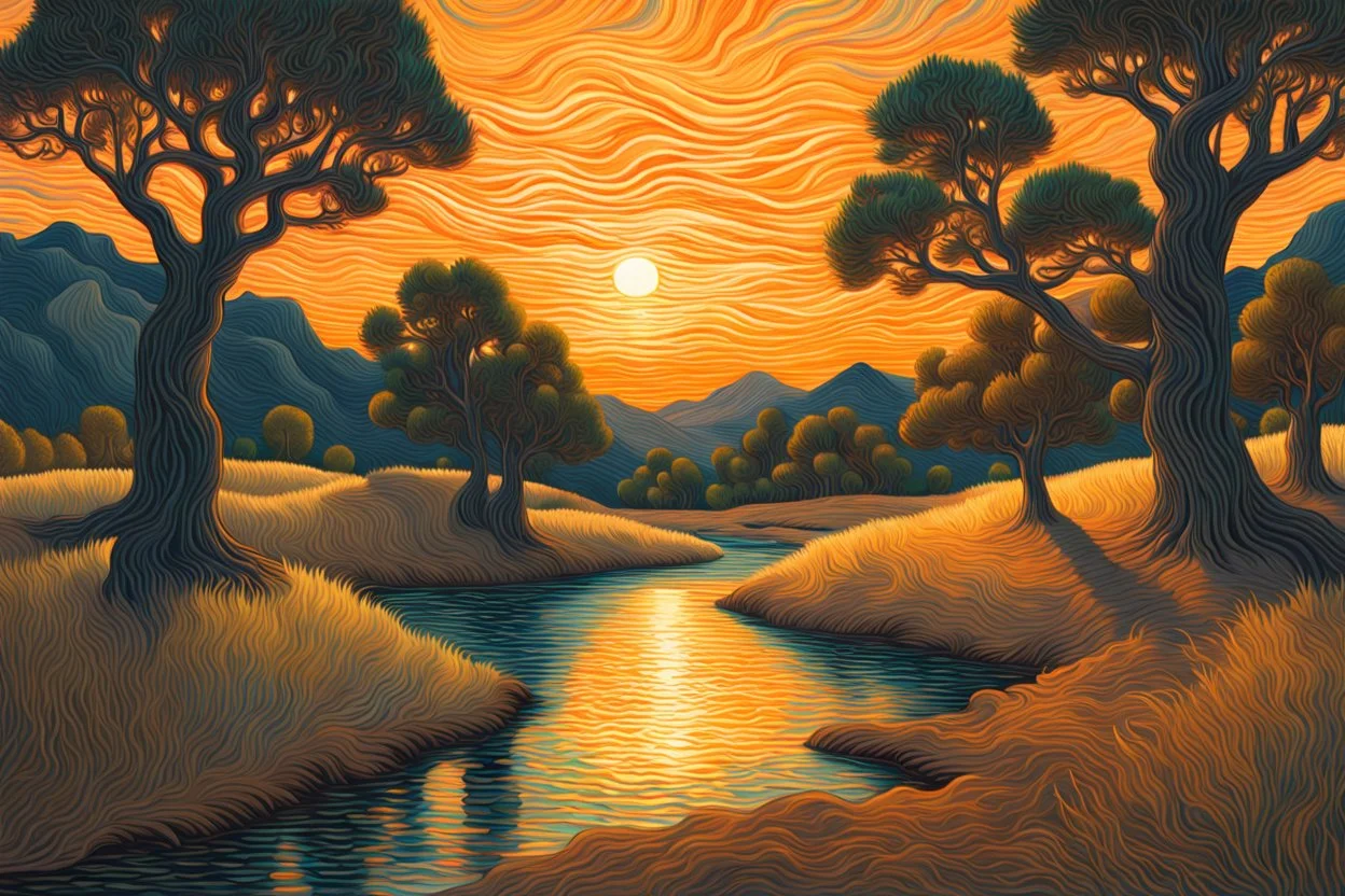 Great landscape, nature at sunset, Paradise Lost, spiritual, surreal, trees, fine art, tan skin, Vincent Van Gogh style, highly detailed, smooth, very sharp focus, illustration, bathing in light, ultra realistic illustration, close-up